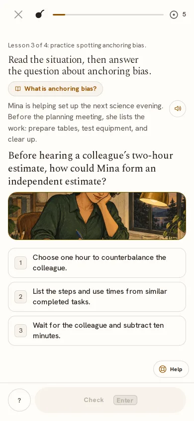 A Learn lesson on a phone: a short situation, one question, three answers, the keys that work shown under them