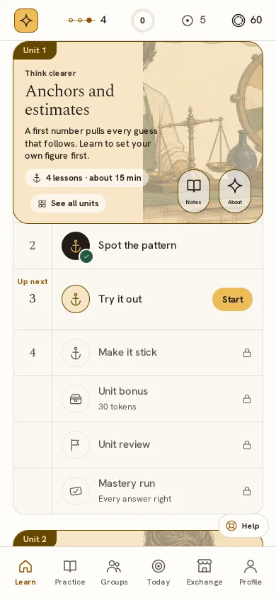The Learn path on a phone: a unit banner, a row of lesson nodes, the next lesson marked Up next, the stats bar above